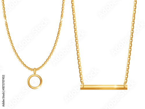 Two elegant gold necklaces one with a circular pendant and the other a simple bar pendant displayed against a white background.