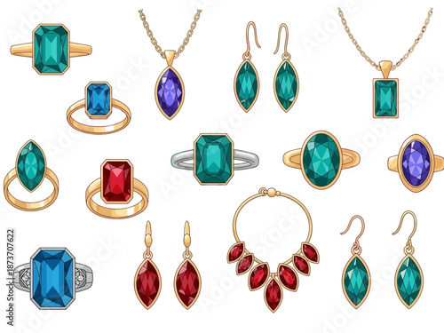 Collection of exquisite gemstone jewelry including rings necklaces and earrings.