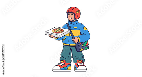 2D Cartoon Pizza Delivery Character Isolated on White Background