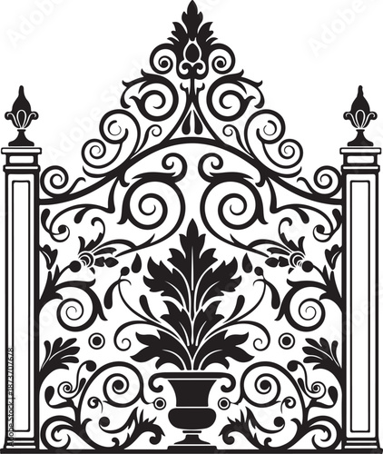 Black ornate floral gate with urn and scrolls white