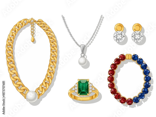 Collection of luxury jewelry including necklaces bracelets earrings and ring.