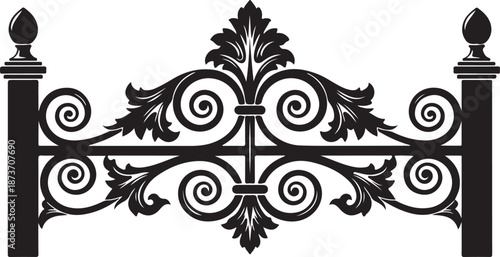 Black ornate scrollwork fence section with finials
