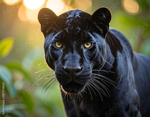 A majestic black panther stares forward with piercing golden eyes