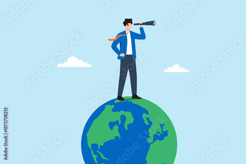 Flat illustration of businessman standing on globe looking through telescope symbolizing global vision opportunity exploration international strategy and future business outlook