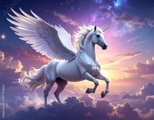 A majestic winged horse ascends through vibrant clouds