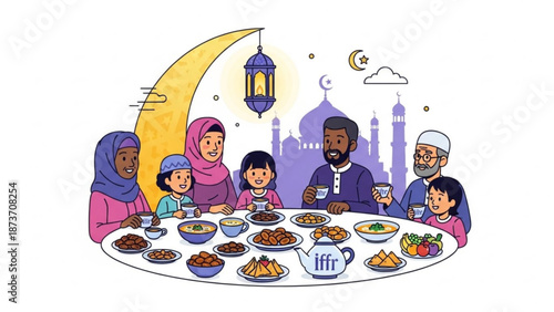 A diverse family gathers around a table for a festive meal in a warm and inviting illustration