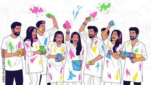 A vibrant illustration of people celebrating Holi with colorful paint and powder