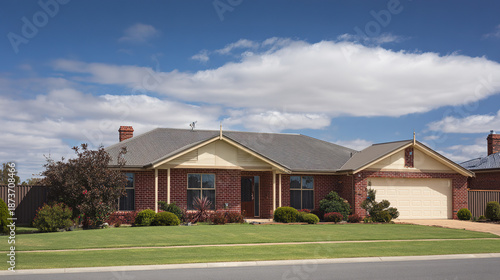Charming Australian-style suburban home with a manicured lawn, bathed in natural daylight under a soft cloudy sky.
