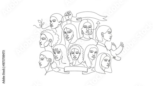 A minimalist line art illustration of diverse women in a powerful and united pose