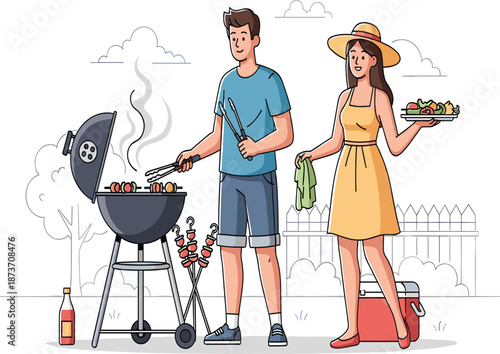 Happy couple cooking barbecue on outdoor grill, summer picnic, family weekend, healthy food, leisure activity, backyard garden party illustration