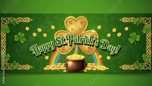 A vibrant St. Patrick's Day vector graphic with a pot of gold and shamrocks