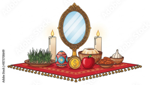 A colorful illustration of a traditional Nowruz table setting with symbolic objects on a red cloth