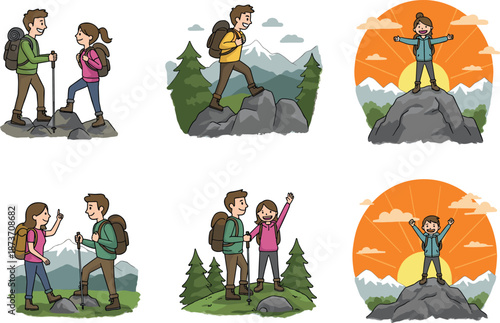 Happy couple hiking and exploring nature trails with backpacks and walking sticks
