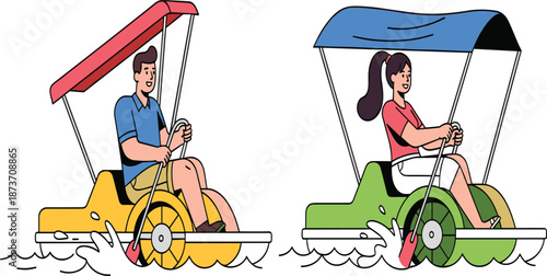Happy couple riding pedal boats on water, man and woman enjoying summer lake activity, fun outdoor adventure, leisure boating illustration design