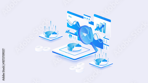 Stock market isometric data analysis with magnifying glass and financial metrics in blue digital style