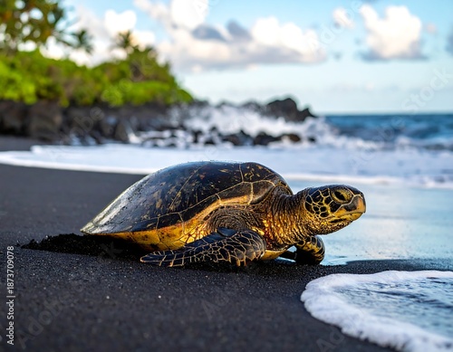 A sea turtle emerges from the ocean onto a black sand beach
