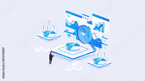 Stock market isometric of financial dashboard data analysis with gantt charts, coin, and financial metrics in blue digital style.