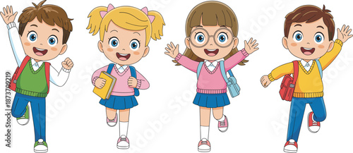 Happy diverse school children in uniforms running and jumping with backpacks, joyful classmates celebrating education and friendship, isolated white background illustration