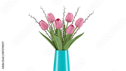 Pink Tulips and Pussy Willows in a Turquoise Vase