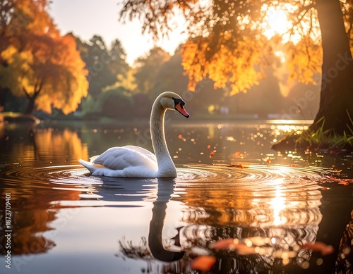 A serene white swan gliding gracefully on a sunlit autumn lake