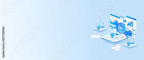 Stock market isometric of financial dashboard data analysis with gantt charts, coin, and financial metrics in banner web concept.
