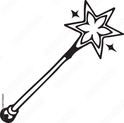 Black magic wand with star on transparent background wizard fantasy spell sorcery enchantment illusion mythical symbol icon white line art cartoon comic illustration clipart dream