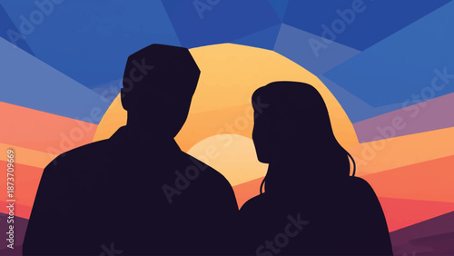 Illustration Of Couple Watching Sunset Together, Silhouette Style, Romantic Atmosphere Vector Design Template
