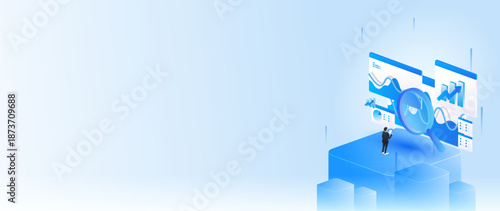 Stock market isometric of financial dashboard data analysis with gantt charts, and financial metrics in banner web concept.