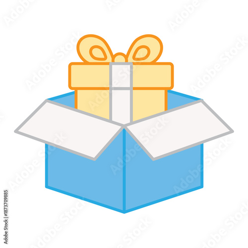 A blue open box with a yellow gift box emerging from it, representing delivery, unboxing, or subscription service rewards