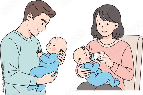 Happy parents feeding twin babies, family love, parenting care, newborn childcare, bonding moments, mother nursing, father holding baby, parenthood lifestyle, home happiness
