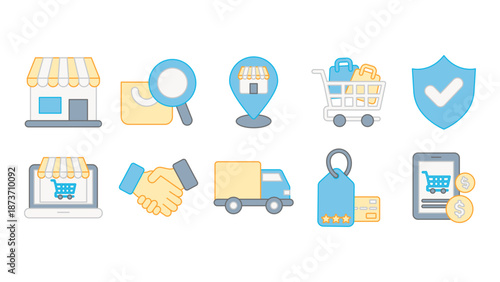Collection of modern line icons related to online marketplace ecommerce digital trading buying selling and platform-based commerce system