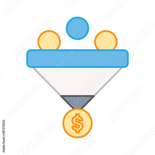 A funnel filtering users into a dollar coin, representing the sales process and customer conversion