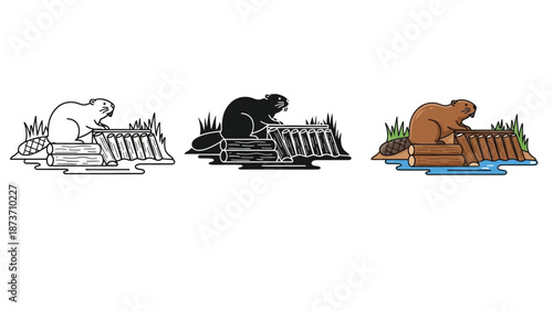 Beaver building a dam or lodge with logs and sticks, set of three icons illustrations outline, silhouette and color version