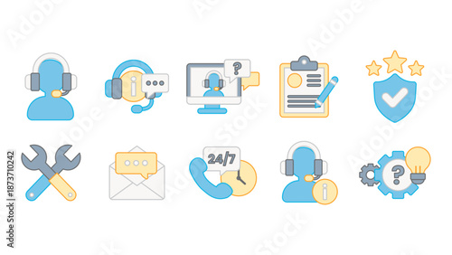 Collection of modern line icons related to customer support help service communication assistance and client care management systems