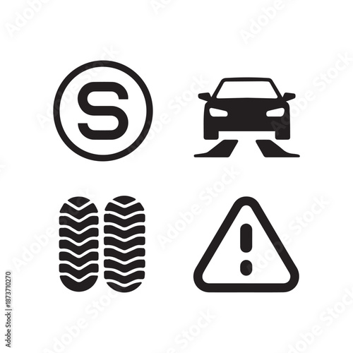Essential winter driving safety symbols showcase speed limit inspection hazard warning tire tracks for safe travel preparation in cold weather condition