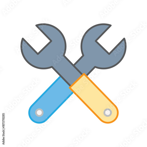 Two crossed wrenches (blue and yellow handles), symbolizing technical repair, setup, or maintenance