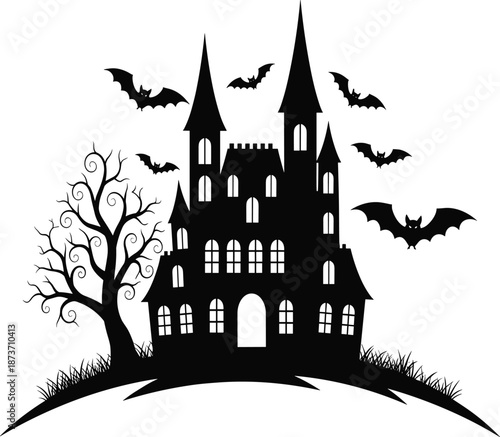 Haunted castle silhouette illustration, spooky Halloween night scene with bats and tree, gothic horror house design, dark scary vector artwork