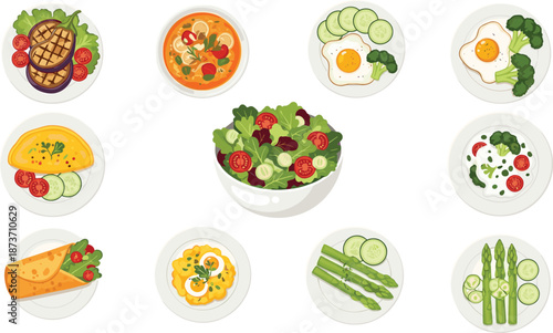 Healthy food illustration, fresh salad bowl, grilled vegetables, omelette, soup, asparagus, cucumber, egg dishes, tortilla, vegetarian meal, nutrition, organic ingredients