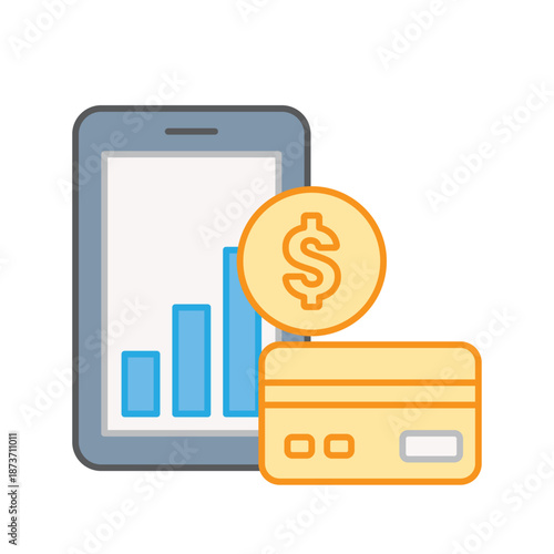 A smartphone displaying a bar graph next to a gold coin and credit card