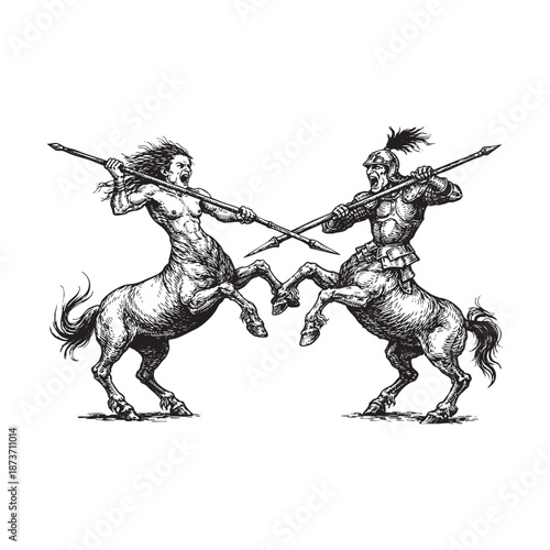 Vintage Medieval Fierce Centaur Spear Battle Illustration
