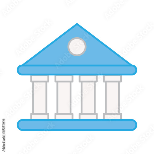 A blue and white bank building with four columns and a triangular roof