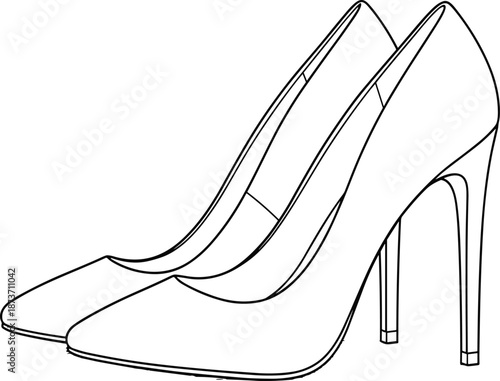 High heel shoes, fashion sketch, pointed toe pumps, black and white drawing, elegant footwear, stylish outline, women’s fashion, line art