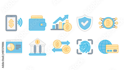 Collection of modern line icons related to financial technology digital banking online payments innovation and smart finance systems