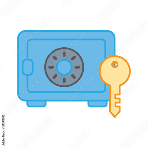 A blue metal safe vault with a combination dial and a large gold key