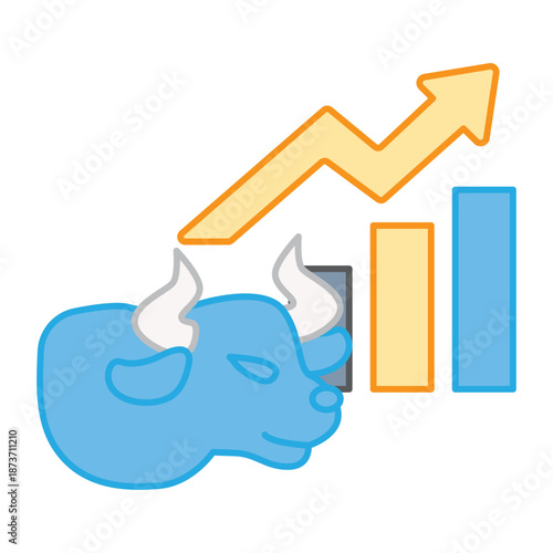 A bull head profile next to a rising bar chart and arrow, representing market optimism