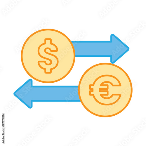Dollar and Euro coins with arrows representing international money transfer and exchange