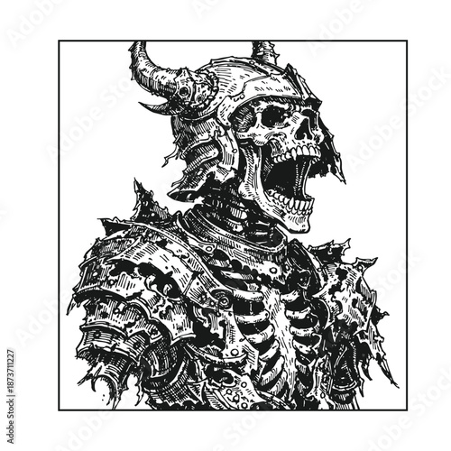 Screaming Horned Skeleton Knight in Broken Armor Ink Art