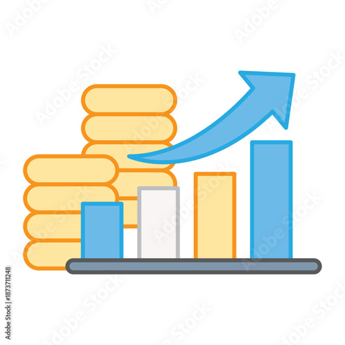 A bar graph showing steady growth positioned behind stacks of gold coins