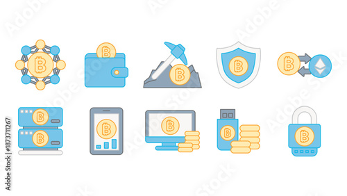 Collection of modern line icons related to cryptocurrency digital currency blockchain trading mining and decentralized finance systems