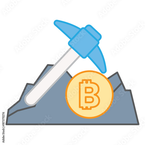 A pickaxe striking a mountain with a Bitcoin symbol representing the mining process